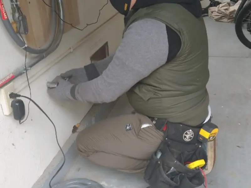 Electrician performing outlet wiring in a Wellston garage